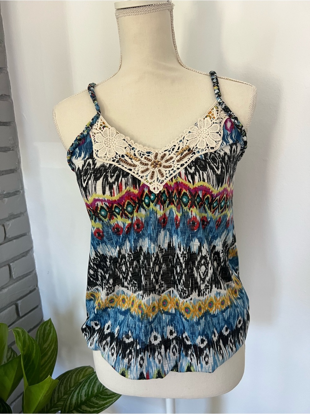Belle Du Jour Multicolor Tribal Print Crochet-Trim Camisole